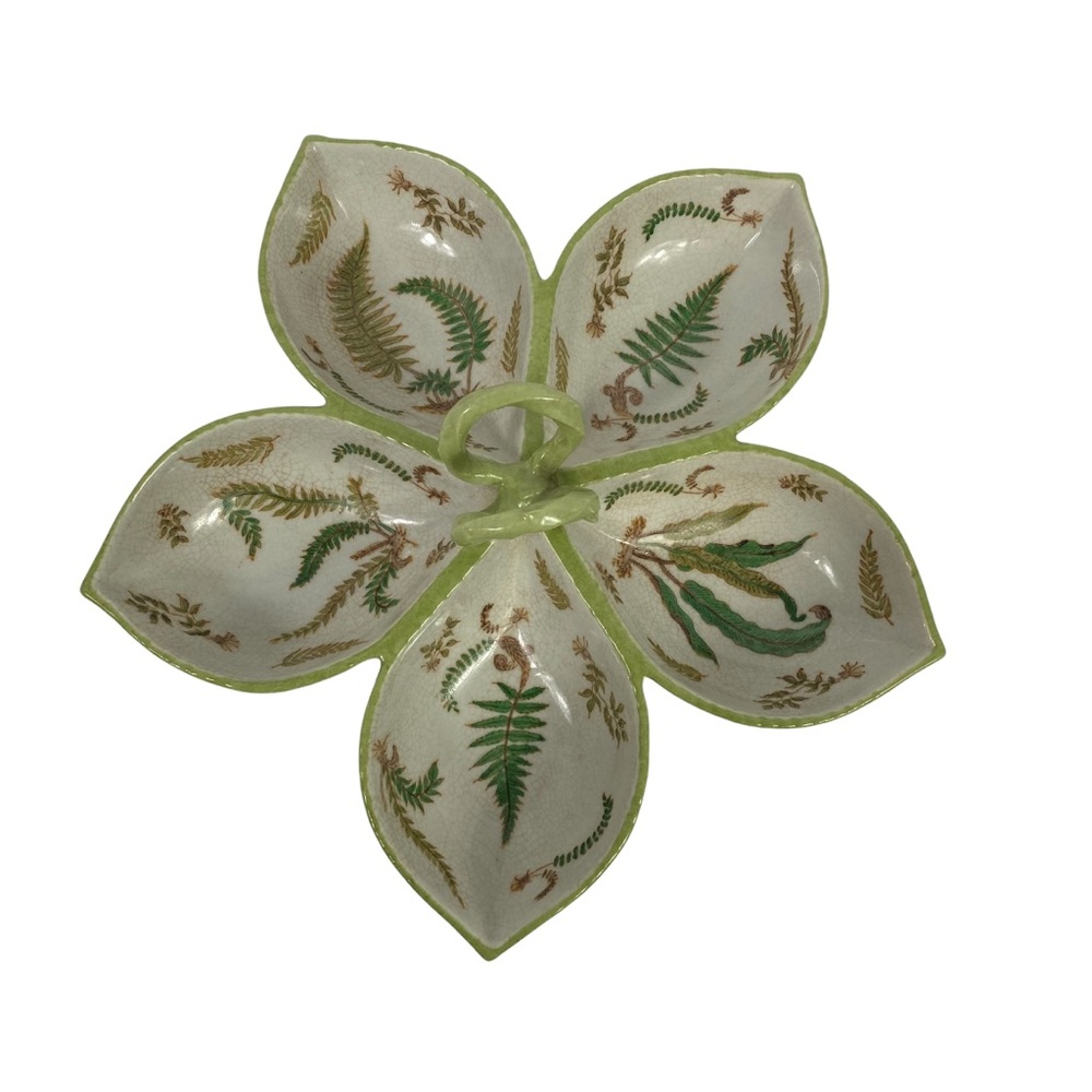 Vintage Relish Plate with Handle 4 Compartment 9.5 Inch Olive Leaves Oval Ferns